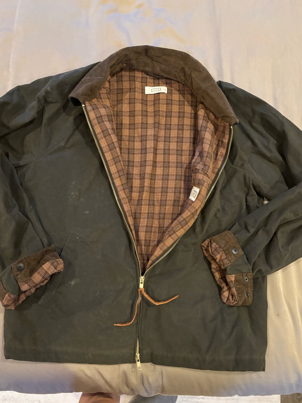 AYR Olive Green Waxed Field Jacket with Brown Plaid Lining